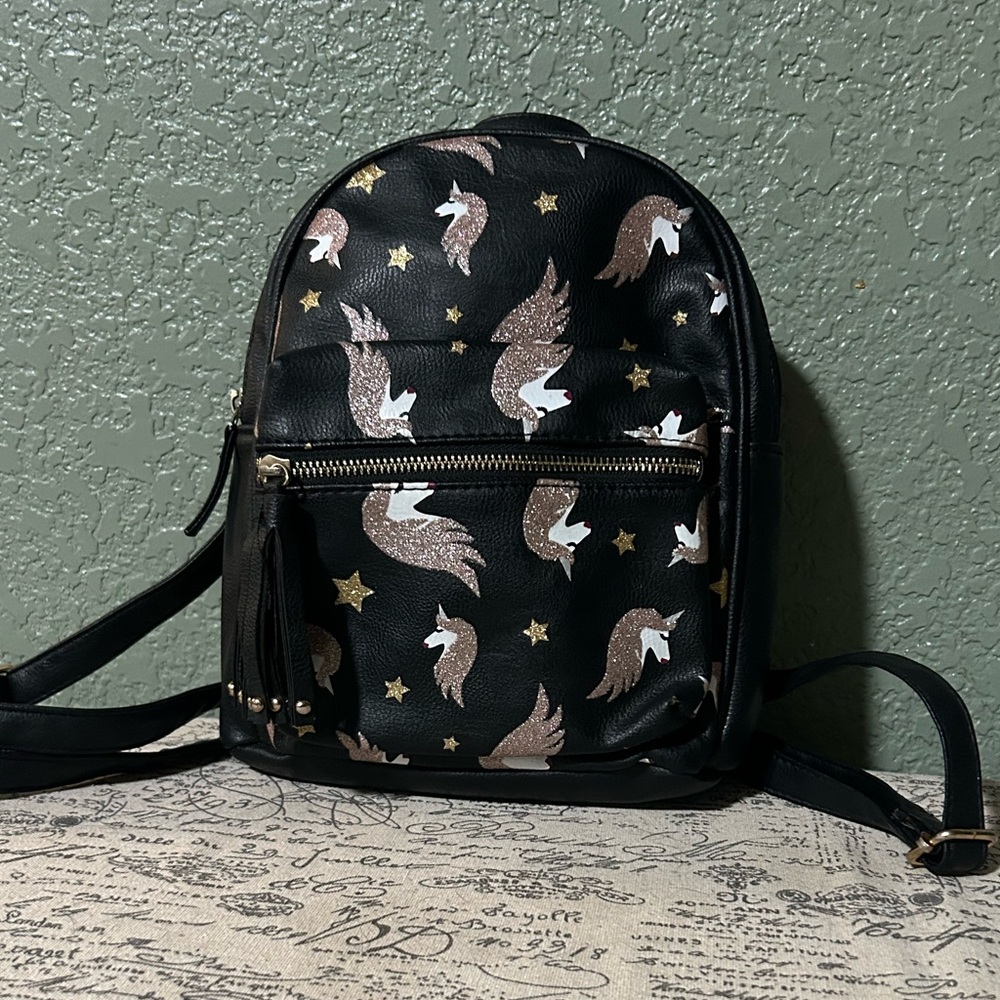 Black Mini Backpack with Metallic Unicorn Print